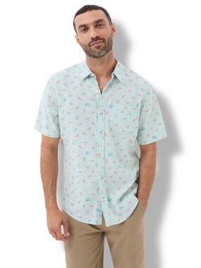 FatFace Men's Aqua Blue Lobster Print Linen Cotton Short Sleeve Shirt
